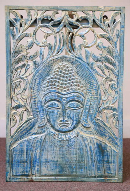 k60-80218 indian wall plaque buddha blue 2 close carved