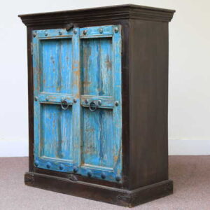 kh11-RS-158 indian furniture carved door blue cabinet angle view