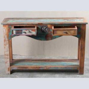 k62-40276 indian furniture console table reclaimed 2 drawer open wood