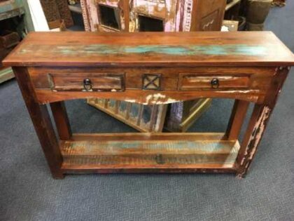 k62 40276 indian furniture console table reclaimed 2 drawer front
