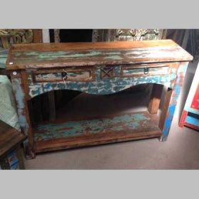 k63-40276 indian furniture console table reclaimed 2 drawer wave blue