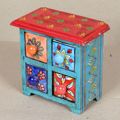 k64-60383 indian gift jewellery 4 drawer ceramic wooden hand painted floral flowers