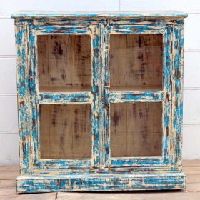 kh19 RS2020 005 indian furniture cabinet blue cream glass distressed front