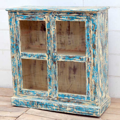 kh19 RS2020 005 indian furniture cabinet blue cream glass distressed side