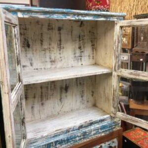 kh19 RS2020 005 indian furniture cabinet blue cream glass distressed open