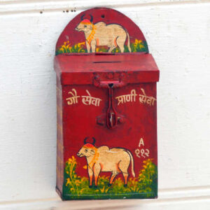 kh19 RS2020 019 indian accessory donation tin box red money box cow front