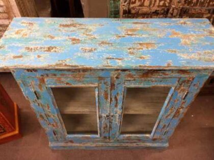 kh19 RS2020 006 indian furniture cabinet blue glass shabby top