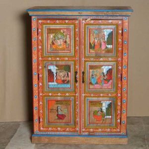 k74 06 indian furniture red hand painted cabinet figures front
