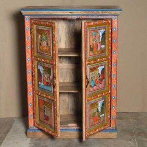 k74 06 indian furniture red hand painted cabinet figures open