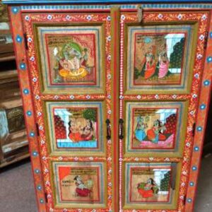 k74 06 indian furniture red hand painted cabinet figures close front