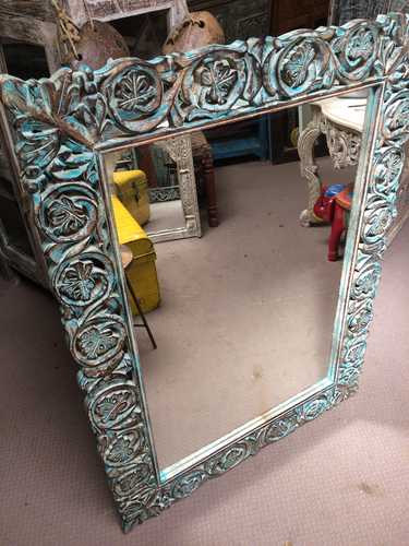 k74 97 indian furniture mirror carved blue close left