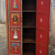 K74 13 indian furniture cabinet red hand painted tall open right