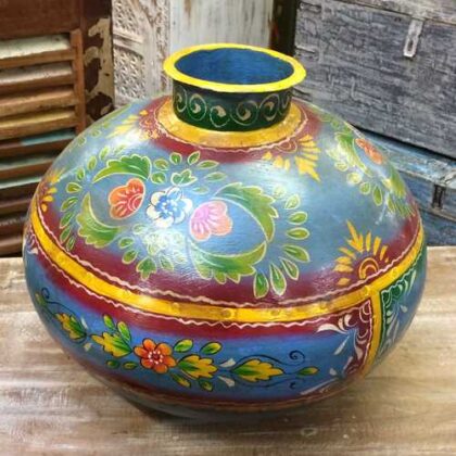 KH22 152 BL indian accessory hand painted metal pot blue side