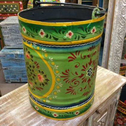 KH22 152 GR indian accessory hand painted bin colourful green side 2