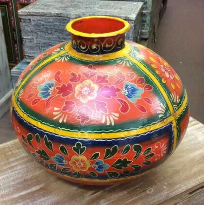 KH22 152 OR indian accessory hand painted metal pot orange side 2