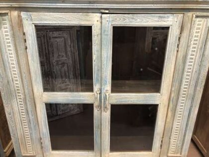 k76 0176 indian furniture cabinet blue glass doors drawers factory close