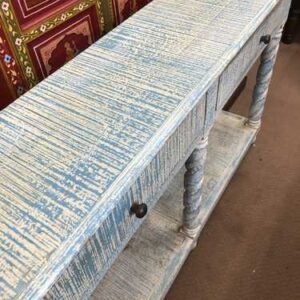 k76 0370 indian furniture console 2 drawer shelf blue top