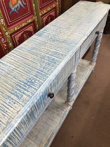 k76 0370 indian furniture console 2 drawer shelf blue top