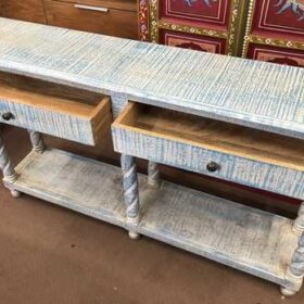 k76 0370 indian furniture console 2 drawer shelf blue open