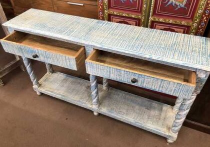 k76 0370 indian furniture console 2 drawer shelf blue open