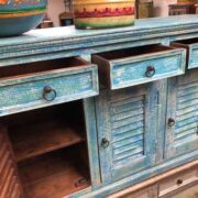 k76 0965 indian furniture sea blue shutter sideboard drawers open
