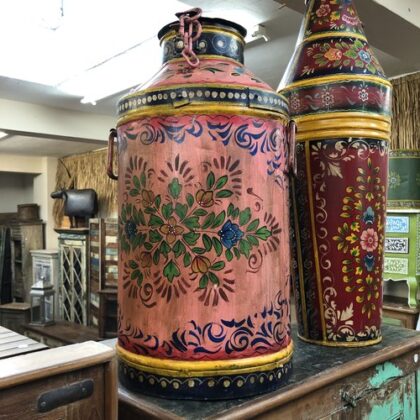 KH23 098 indian accessory gift hand painted milk churn pink front