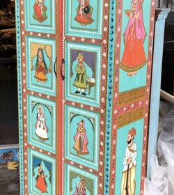 K78 2810 indian furniture large hand painted cabinet green figures left