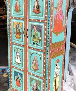 K78 2810 indian furniture large hand painted cabinet green figures left