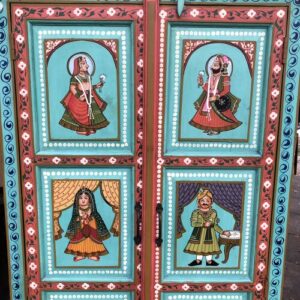 K78 2810 indian furniture large hand painted cabinet green figures close