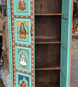 K78 2810 indian furniture large hand painted cabinet green figures inside