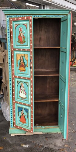 K78 2810 indian furniture large hand painted cabinet green figures inside