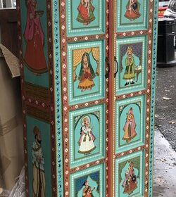 K78 2810 indian furniture large hand painted cabinet green figures left