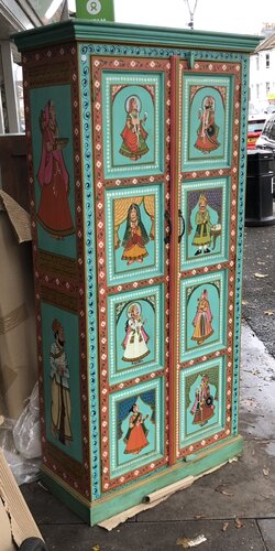 K78 2810 indian furniture large hand painted cabinet green figures left