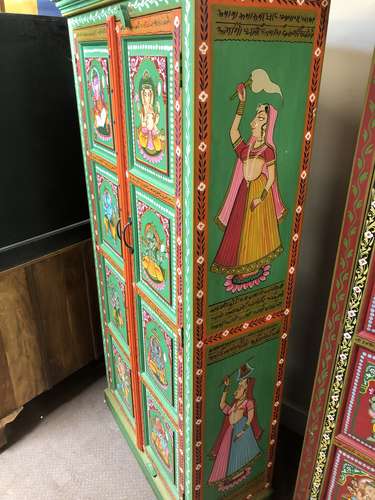 k78 2812 indian furniture large cabinet with figures hand painted green right