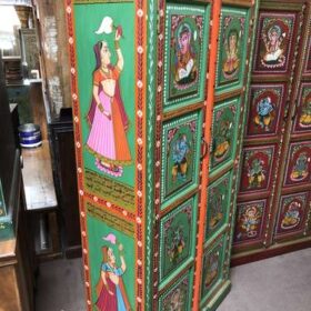 k78 2812 indian furniture large cabinet with figures hand painted green left