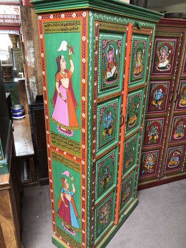 k78 2812 indian furniture large cabinet with figures hand painted green left