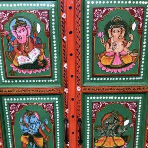 k78 2812 indian furniture large cabinet with figures hand painted green close up