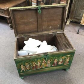 k79 2565 indian furniture painted trunk with figures green unique compartment open