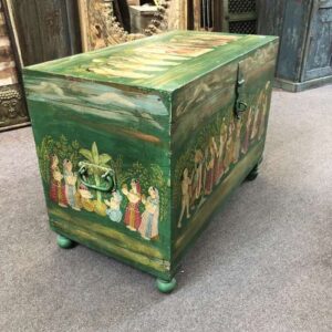 k79 2565 indian furniture painted trunk with figures green unique compartment left