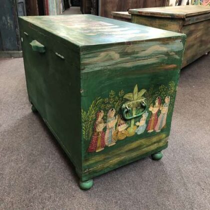 k79 2565 indian furniture painted trunk with figures green unique compartment back