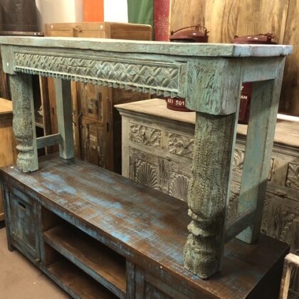 k79 2598 indian furniture chunky carved leg console blue right