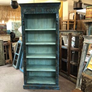 kh24 153 indian furniture carved blue bookcase front