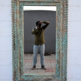 kh25 181 indian furniture pale blue carved mirror factory front