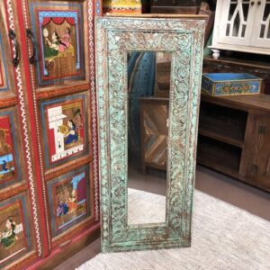 kh25 183 indian furniture slim green carved mirror front