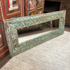 kh25 183 indian furniture slim green carved mirror landscape