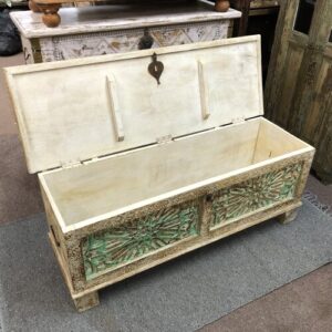 kh25 210 b indian furniture green front carved trunk open