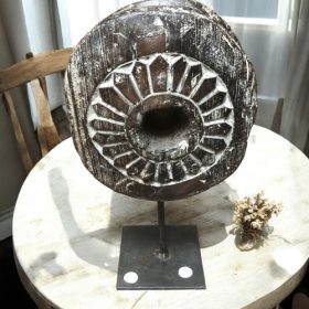 k82 7179 a indian accessory gift teak wooden wheel pulleys back